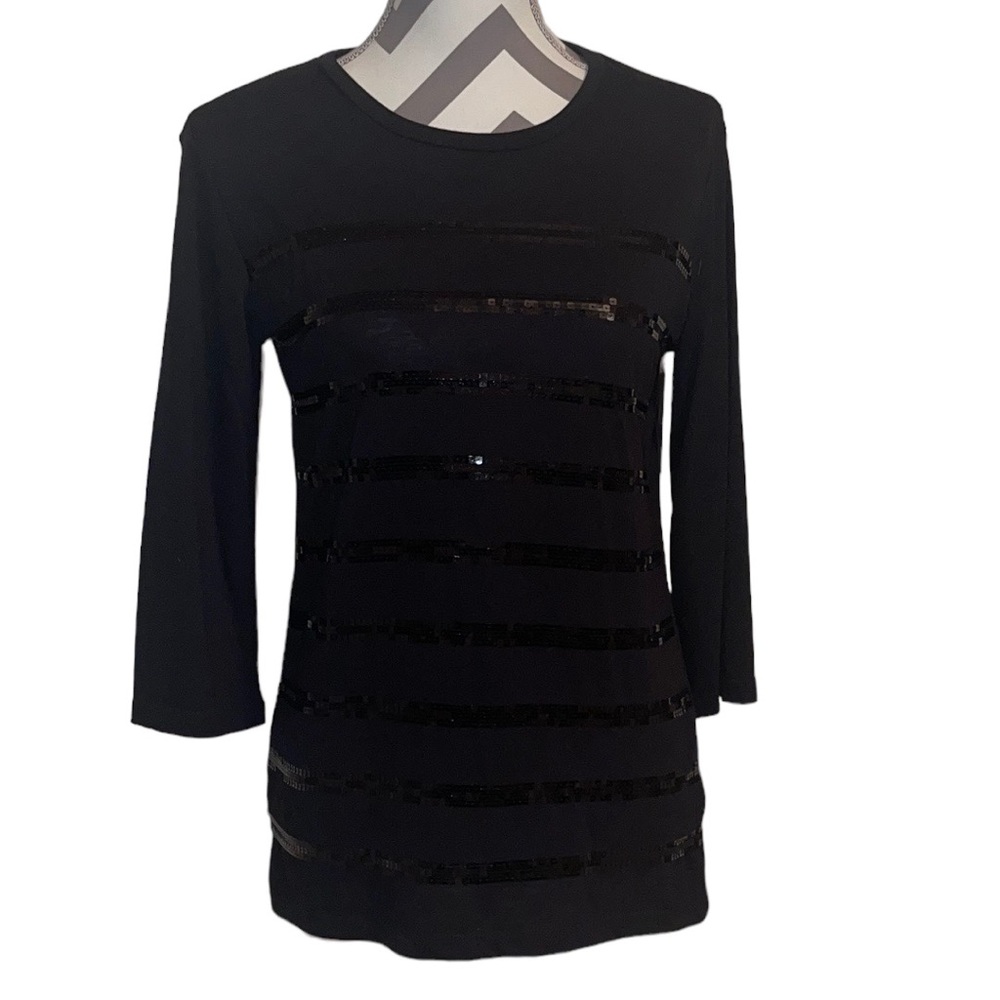 Ellen Tracy 3/4 sleeve black top with black sequin stripes - small - Like New!